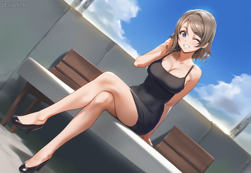 ai_generated blue_eyes breasts brown_hair cleavage levia9781 love_live! love_live!_sunshine!! short_hair short_skirt smile thighs tight_clothing tight_fit watanabe_you