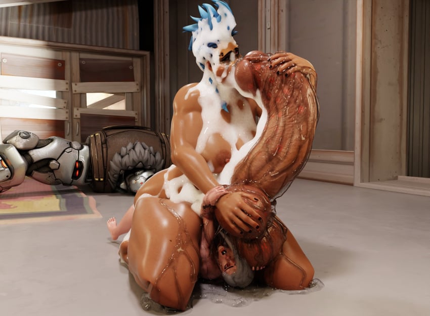 3d 3d_(artwork) asaron ashe_(overwatch) autofellatio blizzard_entertainment blue_hair covered_in_cum cum cumming female femsub futadom futanari horrified hyper hyper_penis junker_queen larger_futanari muscular muscular_futanari overwatch penis red_eyes scared size_difference smaller_female smothering white_hair