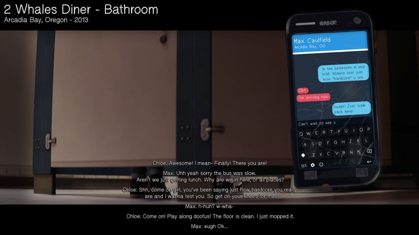 2girls 3d bathroom chloe_price dialogue dinoboy555 english_text female life_is_strange max_caulfield phone teenager toilet