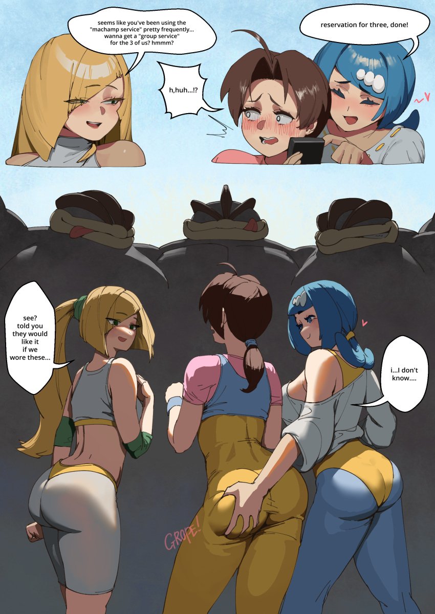 3boys 3girls ass ass_grab big_ass blonde_hair blue_hair brown_hair delia_ketchum_(pokemon) gym_clothes gym_uniform hair_ornament hi_res highres interspecies lana&#039;s_mother_(pokemon) long_hair lusamine_(pokemon) machamp mature_female milf nintendo pokemon pokemon_(species) pokemon_sm pokephilia tied_hair wjs07