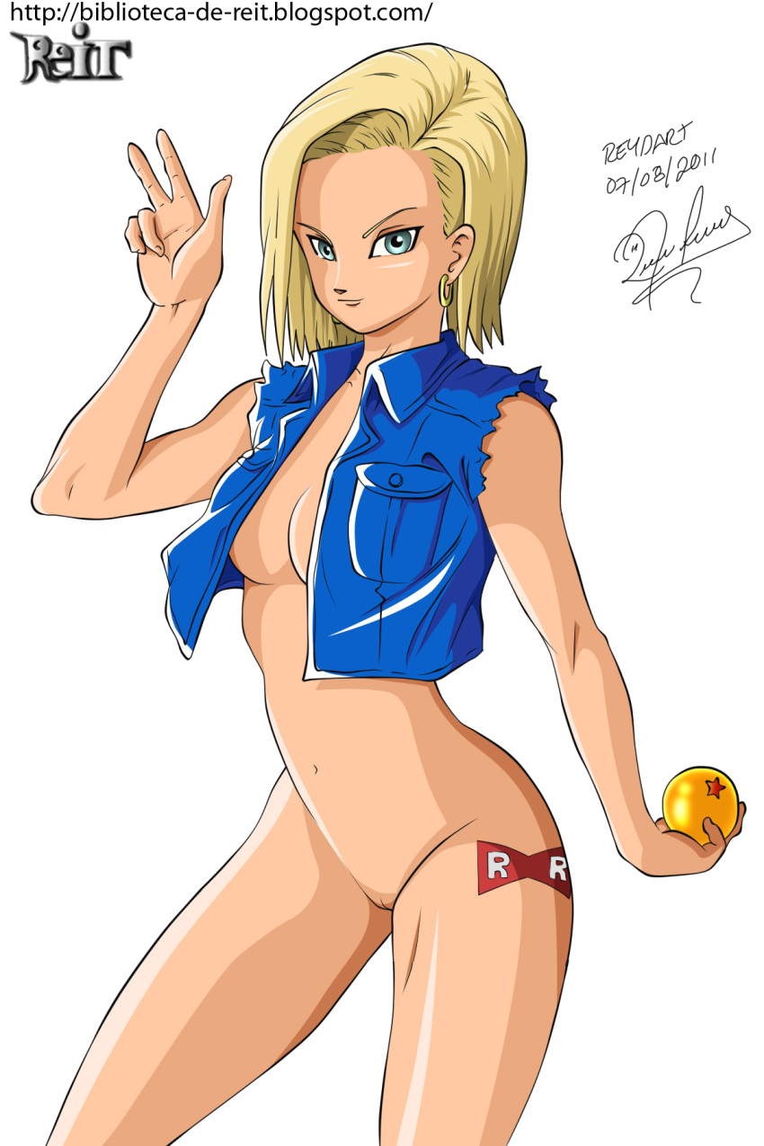 almost_nude android android_18 big_breasts blonde blonde_female blonde_hair blue_eyes blue_vest boob_window bottomless breasts cyborg cyborg_(designation) dragon_ball dragon_ball_(object) dragon_ball_super dragon_ball_z earring earrings female jacket looking_at_viewer navel nude open_clothes pussy red_ribbon_army reit semi_nude short_hair sleeveless_jacket solo tattoo vagina vest