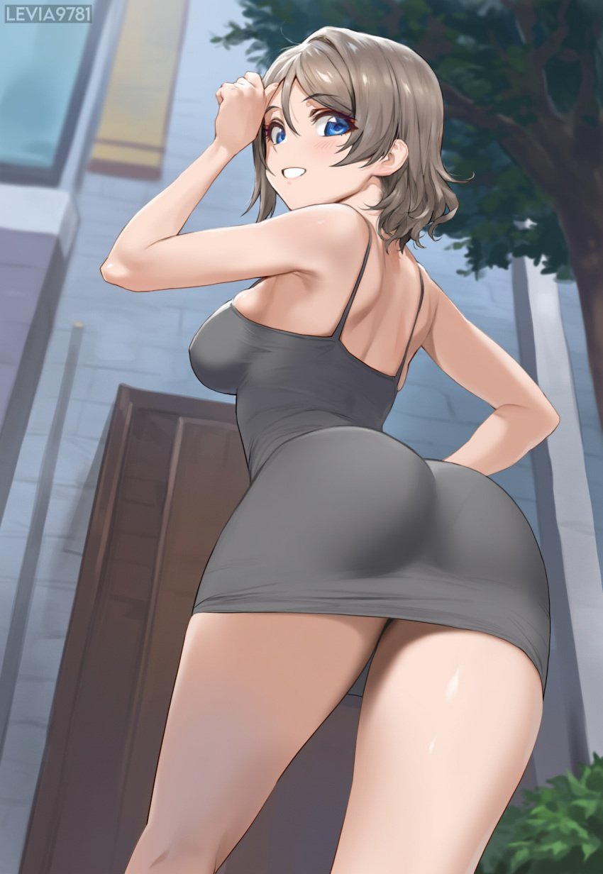 ai_generated ass blue_eyes brown_hair dress levia9781 love_live! love_live!_sunshine!! short_hair short_skirt tight_clothing watanabe_you