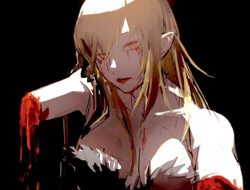 1girls amputee bare_shoulders black_background bleeding blonde_hair blood blood_on_breasts blood_on_face bloody_tears breasts cleavage collarbone double_amputee dress female female_focus female_only highres injury kiss-shot_acerola-orion_heart-under-blade kizumonogatari long_hair looking_at_viewer missing_limb monogatari_(series) oshino_shinobu pointy_ears severed_limb simple_background solo strapless strapless_dress taki_(a313131333) vampire yellow_eyes