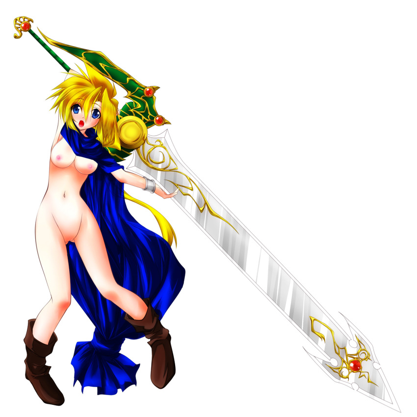 1:1 bianca's_son blue_eyes blush boots bracelet breasts cape color dragon_quest dragon_quest_v female female_only footwear front_view hair highres huge_weapon jewelry long_hair medium_breasts naked_cape nipples nude open_eyes open_mouth oushi_(artist) pussy rule_63 solo sword weapon white_background yellow_hair