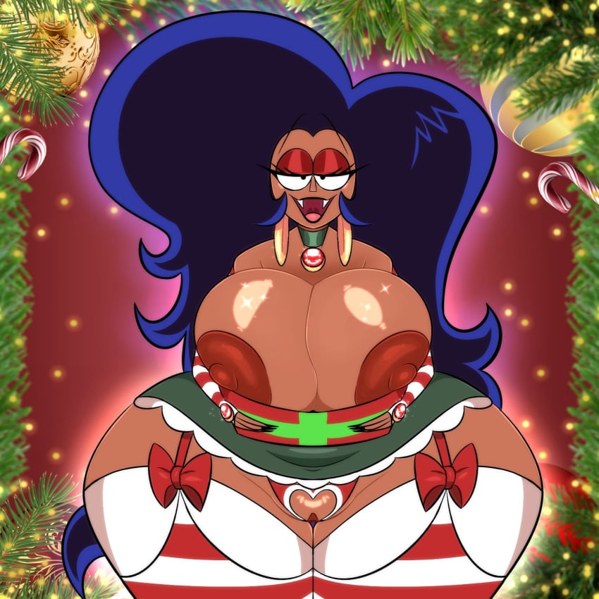 breasts_bigger_than_head brown_skin christmas cleavage_overflow dark-skinned_female dark_skin female female_only half-closed_eyes holidays huge_ass huge_breasts milf ok_k.o.!_let's_be_heroes pixelzsinful solo wilhamena