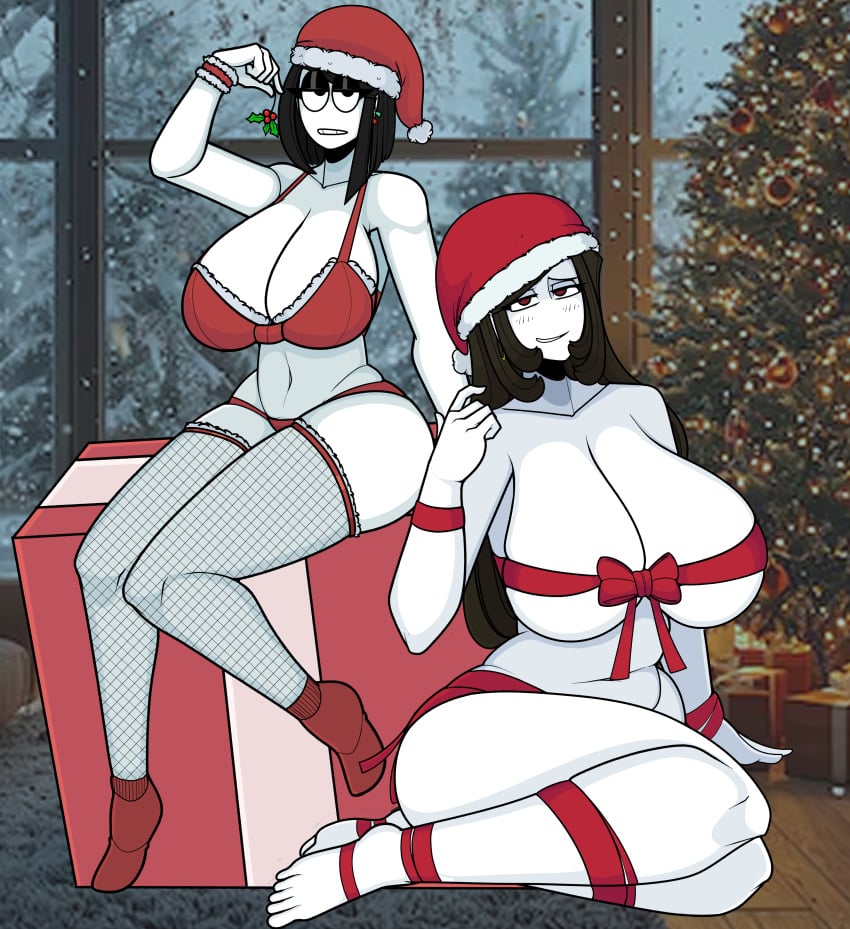 2girls big_breasts black_hair bra breasts brown_hair busty christmas christmas_tree daughter ear_piercing earrings female female_only goth goth_girl hat huge_breasts indoors large_breasts legwear long_hair looking_at_viewer milf mistletoe mother mother_and_daughter original panties piercing ribbon saltynoodles santa_hat sitting socks thick_thighs thighhighs veronica's_mother_(saltynoodles) veronica_(saltynoodles) white_skin wide_hips