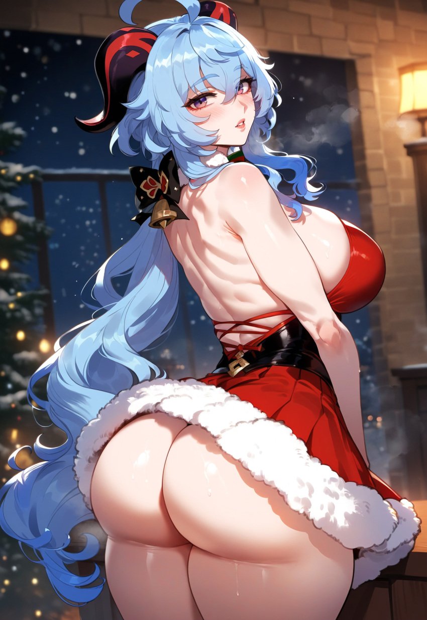 1girls ahoge ai_generated ass ass_focus back backless_outfit bangs bare_shoulders bell black_bow blue_hair blush bow breasts christmas christmas_outfit christmas_tree cleavage clothing curvaceous curvaceous_female curvaceous_figure curvy curvy_figure detached_sleeves dress female female_focus female_only from_behind fur_trim ganyu_(genshin_impact) genshin_impact goat_horns hair_between_eyes hair_ornament horns huge_ass indoors inviting inviting_to_sex large_breasts lips long_hair looking_at_viewer looking_back low_ponytail miyuai neck_bell night night_sky open_mouth outdoors parted_lips presenting presenting_ass presenting_hindquarters purple_eyes red_dress santa_costume santa_dress santa_hat seductive seductive_look seductive_smile sideboob sidelocks sky sleeveless smile snow snowing solo standing sweat thiccwithaq_(ai_style) thick_thighs thighs tied_hair very_long_hair voluptuous voluptuous_female