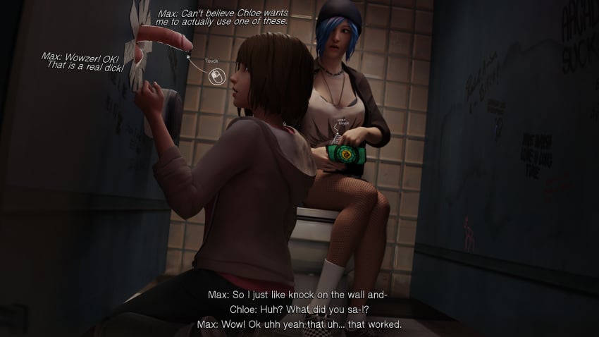 2girls 3d bathroom bisexual blue_hair brown_hair chloe_price clothed cock_shock cucked_lesbian dialogue dinoboy555 english_text female glory_hole imminent_oral life_is_strange male max_caulfield penis penis_awe petite teenager text toilet uncensored