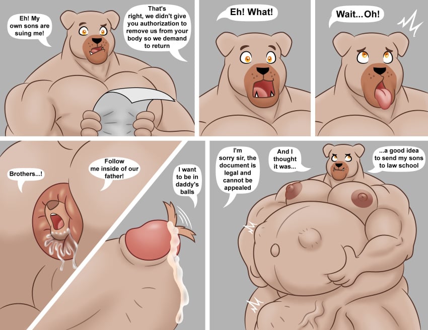 absurd_res ambiguous_fluids anal anal_vore anthro anus belly bodily_fluids canid canine canis cock_vore comic dialogue domestic_dog father_(lore) genital_fluids genitals group hi_res humor male male/male mammal muscular navel parent_(lore) penile penis precum rub_lug_(furry) speech_bubble vore