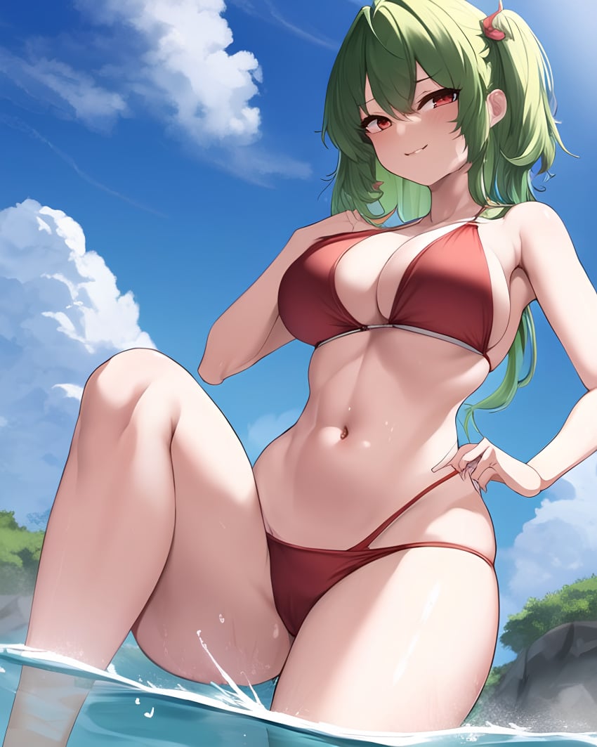 ai_generated big_breasts blush green_hair lake looking_at_viewer pigtails red_eyes swimsuit touhou upscaled yuka_kazami yuuka_kazami