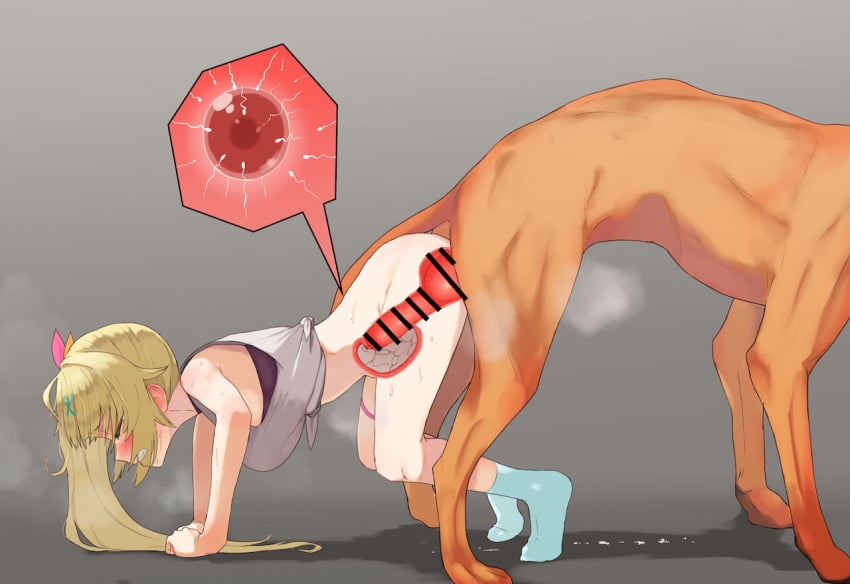 1boy all_fours bare_legs bare_thighs big_breasts blonde_hair blush bottomless canine canine_penis censored closed_eyes cum cum_drip cum_in_uterus cum_inside dominant_feral female heavy_breathing hoshikawa_sara internal_view interspecies knot knotting knotting_position long_hair nijisanji nonhuman_male_on_human_female ovum socks sperm_meets_ovum sweatdrop tears teeth_clenched tsurugi_(the_horizon) tsurugi_muda uterus vaginal_penetration zoophilia