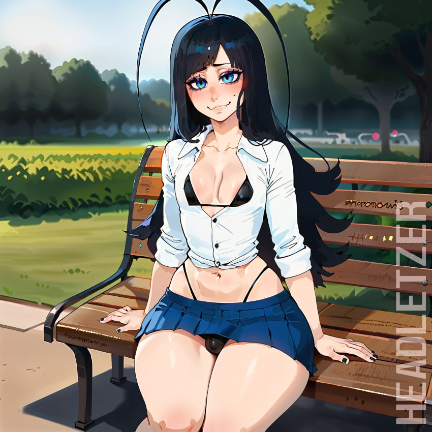 1:1 1boy ai_generated black_hair bleach bleach:_the_thousand-year_blood_war blue_eyes bulge femboy giselle_gewelle headletzer long_hair male male_only outdoors park park_bench skirt thong