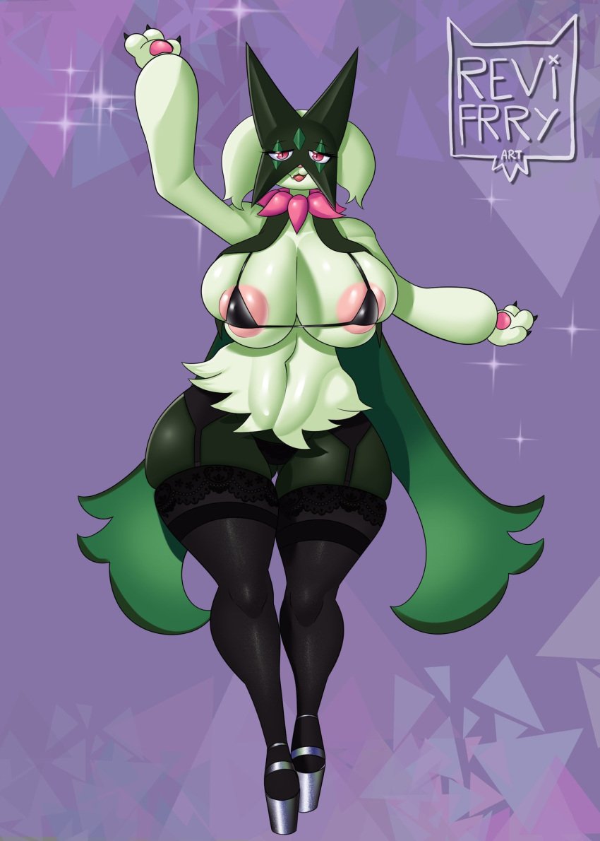 anthro areola big_breasts breasts clothing female fur garter_belt garter_straps generation_9_pokemon green_body green_fur hi_res huge_breasts meowscarada nintendo panties pink_areola pokemon pokemon_(species) revifrry skimp solo underwear