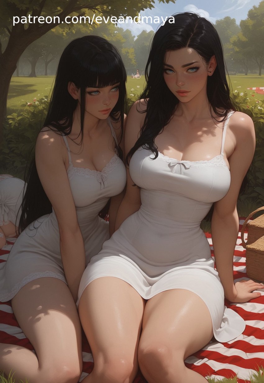 2girls abs ai ai_generated ai_women arms bare bare_legs bare_shoulders bare_thighs big_breasts breasts female fit_female large_breasts long_hair looking_at_viewer muscles muscular muscular_female patreon picnic pleasure_face sexy sexy.ai tease thick_thighs