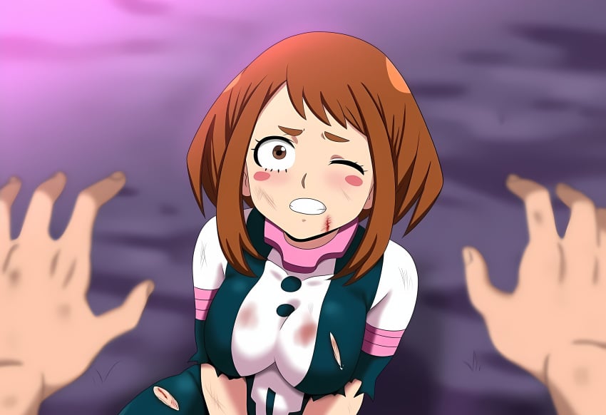 1boy 1boy1girl ai_generated bodysuit defeated defeated_heroine imminent_rape large_breasts mullon my_hero_academia ochako_uraraka pov torn_bodysuit torn_clothes uraraka_ochako