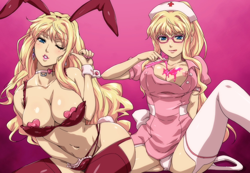 1girls animal_ear blonde_hair blue_eyes bra breasts bunny_ear clothing collar earrings erect_nipples erect_nipples_under_clothes female glasses hairu hand_in_panties hat heart_pasties jewelry large_breasts long_hair macross macross_frontier masturbation navel nipple_slip nipples nurse nurse_cap panties pasties sheryl_nome solo spread_legs stockings thighhighs underwear vial white_legwear wink wrist_cuffs