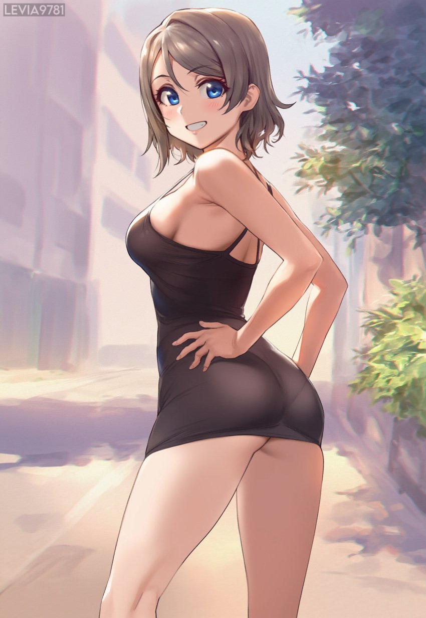 ai_generated ass blue_eyes brown_hair dress levia9781 love_live! love_live!_sunshine!! short_hair short_skirt tight_clothing watanabe_you