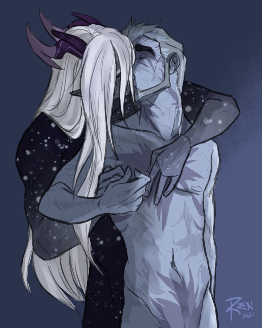 2boys aaravos androgynous beard blue_skin body_markings closed_eyes elf elf_ears embrace facial_hair gay gay_kissing grey_hair grey_skin hand_on_chest highres holding_partner horns hug hug_from_behind imminent_sex long_hair love naked naked_male no_body_hair no_clothes no_visible_genitalia non-sexual_nudity nude_male old_man_yaoi pointy_ears purple_skin relaxed romantic romantic_ambiance simple_background sirren4k suggestive the_dragon_prince touching viren_(the_dragon_prince)