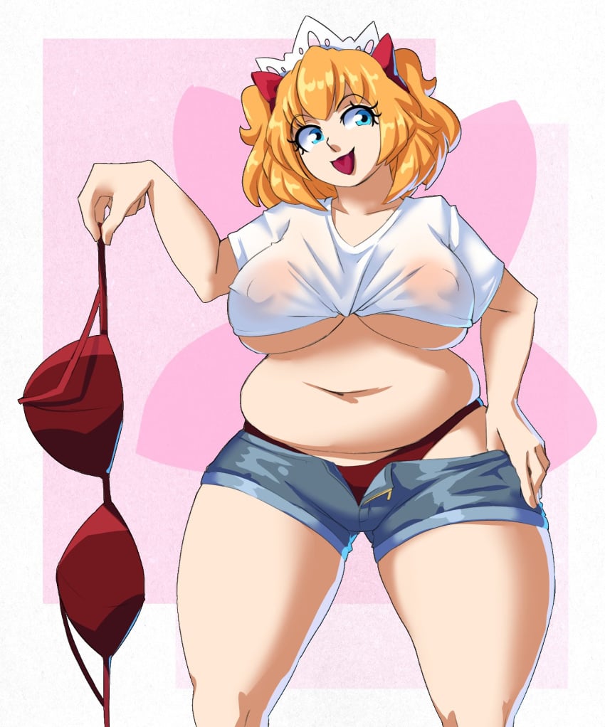 1girls 2024 belly blue_eyes bra casual casual_clothes chubby chubby_female fairy fairy_wings female hair_ornament hair_ribbon holding_bra holding_object nipples_visible_through_clothing orange_hair pudgy_belly shorts solo spookoarts sunny_milk touhou