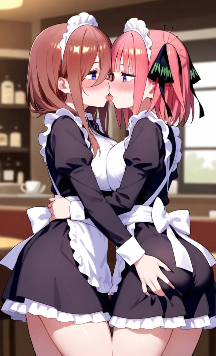 ai_generated blue_eyes blush eye_contact french_kiss go-toubun_no_hanayome groping groping_ass hand_on_waist incest maid maid_headdress maid_uniform making_out nakano_miku nakano_nino open_mouth red_hair sisters standing tongue tongue_kiss yuri