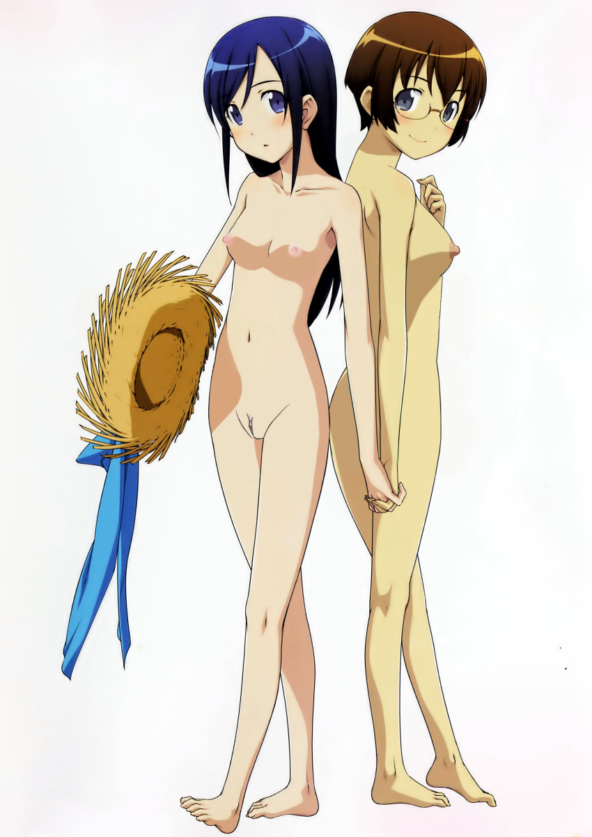 2girls aragaki_ayase bikini blue_eyes blue_hair blush brown_hair clitoris feet glasses hand_holding hat highres legs long_hair multiple_girls nude ore_no_imouto_ga_konna_ni_kawaii_wake_ga_nai photoshop short_hair shorts smile tamura_manami uncensored vagina