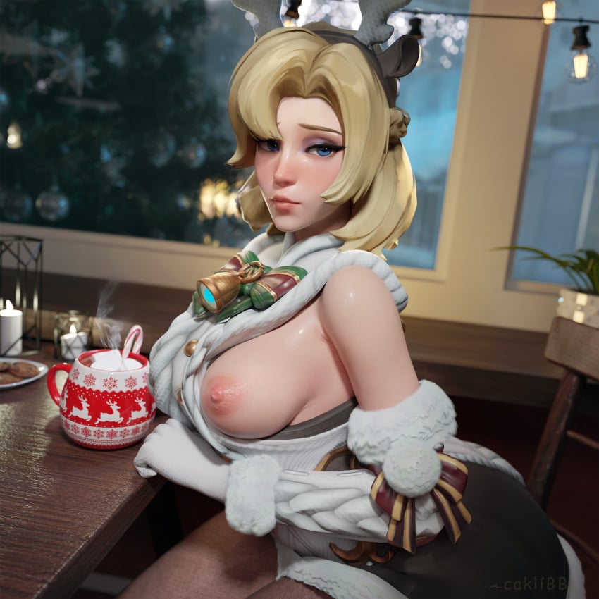 1female 1girls 2d 2d_(artwork) 2d_artwork 3d 3d_(artwork) angela_ziegler areola areolae blizzard_entertainment blonde_eyebrows blonde_female blonde_hair blonde_hair blonde_hair_female blue_eyes breast_peek breasts breasts breasts_peeking_out_of_shirt cakiibb christmas christmas_clothing christmas_outfit erect_nipples erected_nipples european european_female eye_contact female female female_focus female_only hot_chocolate large_breasts looking_at_viewer marshmallow medium_hair mercy nipples overwatch overwatch_2 ponytail pov pov_eye_contact shiny shiny_skin swiss swiss_female tits_out wet