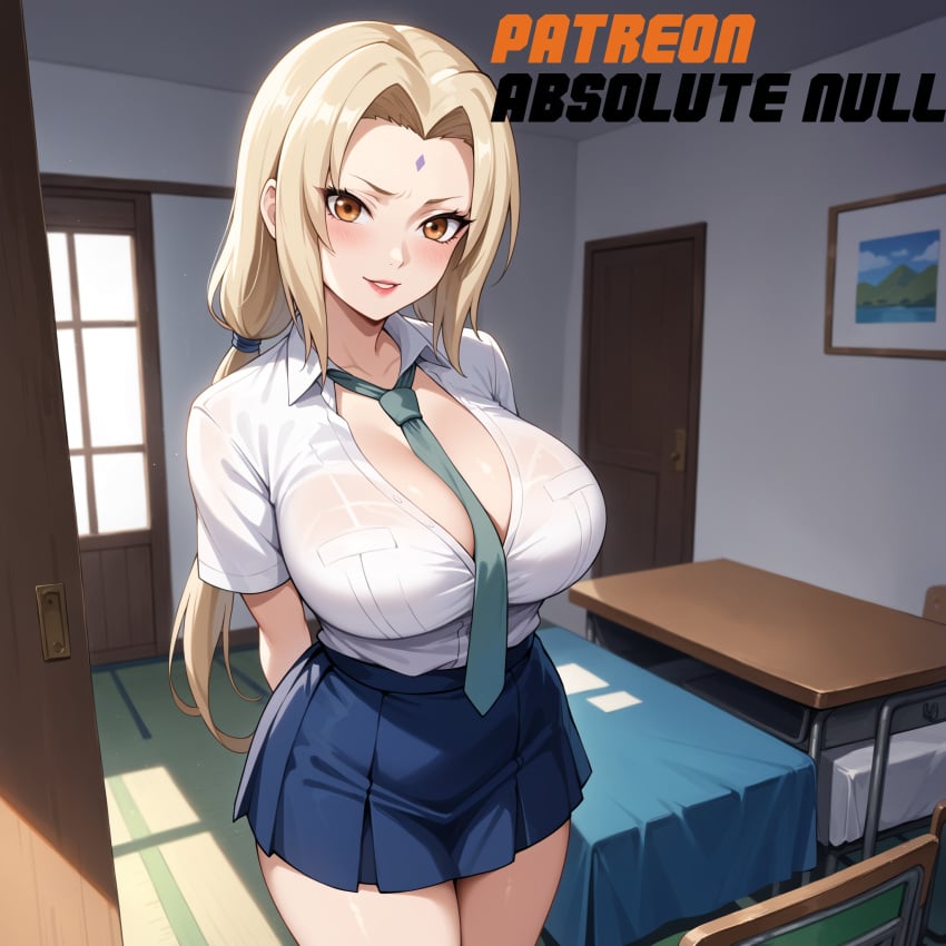 1girls absolute_null ai_generated arms_behind_back blonde_hair blush cleavage large_breasts looking_at_viewer naruto naruto_(series) school_uniform shirt skirt smile solo solo_female standing tie tight_clothes tight_clothing tsunade white_shirt