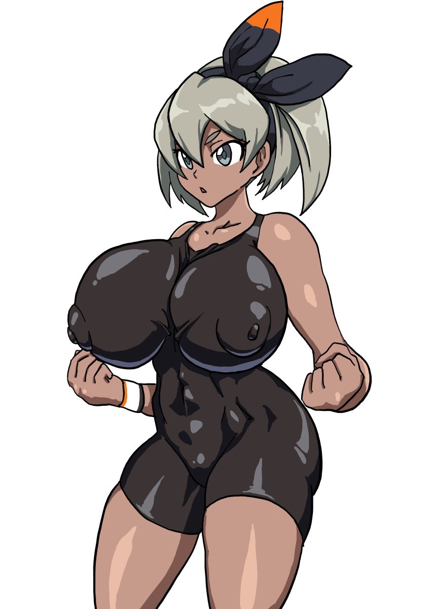 1girls bea bea_(pokemon) big_breasts color colored dark-skinned_female dark_skin female female_only huge_breasts nikunigushii nipple_bulge nipple_outline nipples one_piece_swimsuit pokemon pokemon_ss simple_background skinsuit solo solo_female swimsuit