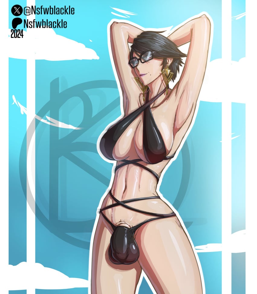 1futa balls bayonetta bayonetta_(character) bikini black_hair breasts bulge bulge_through_clothing clothed clothing futa_only futanari glasses human light-skinned_futanari light_skin mostly_nude nsfwblackle penis solo standing swimsuit