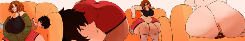 1boy 1girls adashino_ren anus ass ass ass_bigger_than_head ass_on_face asshole belly big_ass big_breasts big_butt biting_lip biting_lip black_bra bra breasts_bigger_than_head brown_eyes brown_hair couch facesitting glasses huge_ass huge_butt kaii_to_otome_to_kamikakushi melissaalli ogawa_sumireko one_eye_closed rear_view red_shorts shorts shoulder_length_hair sitting sitting_on_person sumireko_ogawa thick_thighs viewed_from_behind