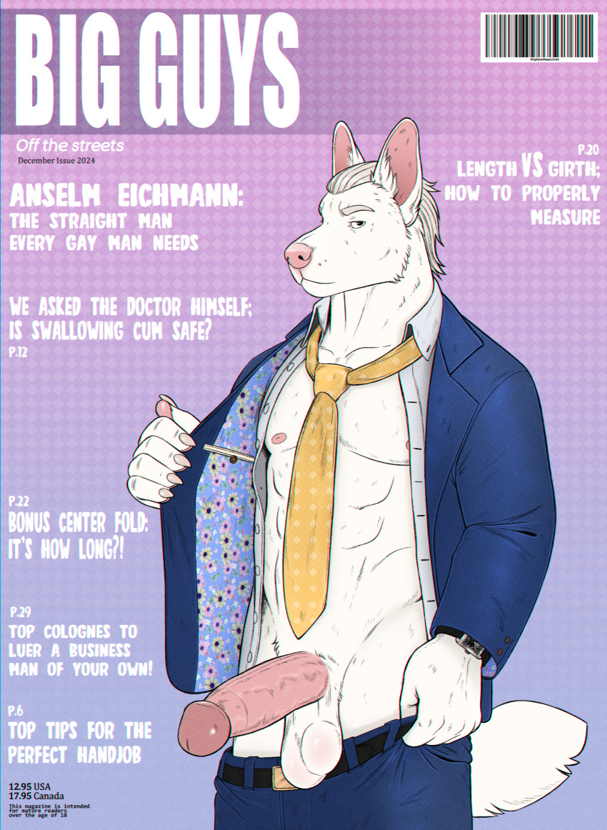 5_fingers absurd_res anthro balls barcode big_penis biped canid canine canis cover domestic_dog english_text eyebrows fingers fur genitals glans hair hi_res homogenousrule humanoid_genitalia humanoid_penis magazine_cover male mammal necktie pawpads penis solo tail text white_body white_fur