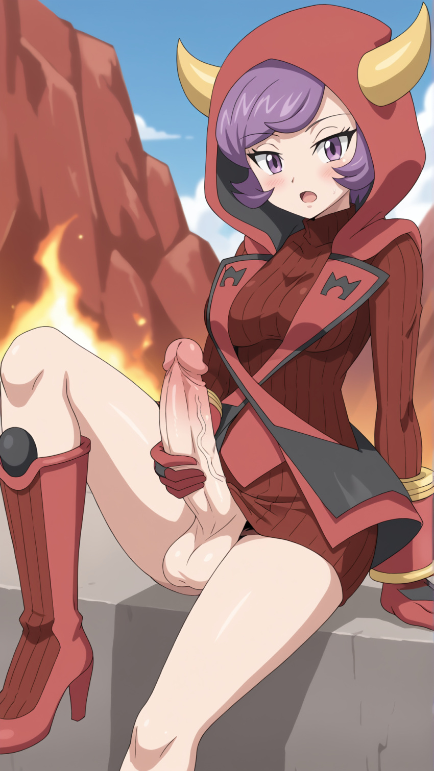 1futa ai_generated big_penis courtney_(pokemon) futanari masturbation pokemon purple_eyes purple_hair