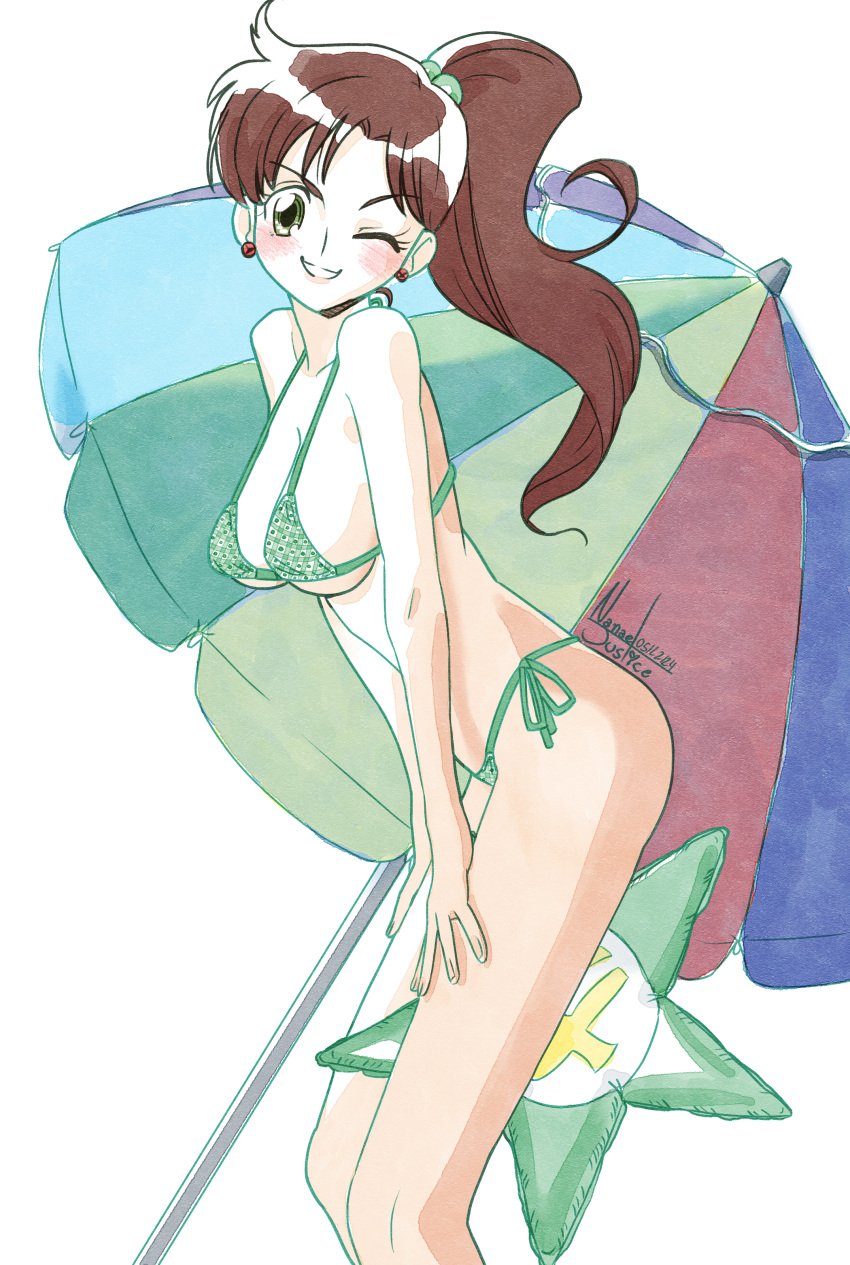 artist_name bikini bishoujo_senshi_sailor_moon breasts brown_hair cleavage collarbone curvy dated earrings female green_bikini green_eyes hair_ornament jewelry large_breasts long_hair looking_at_viewer makoto_kino nanaeljustice navel one_eye_closed parasol ponytail simple_background smile string_bikini swimsuit umbrella