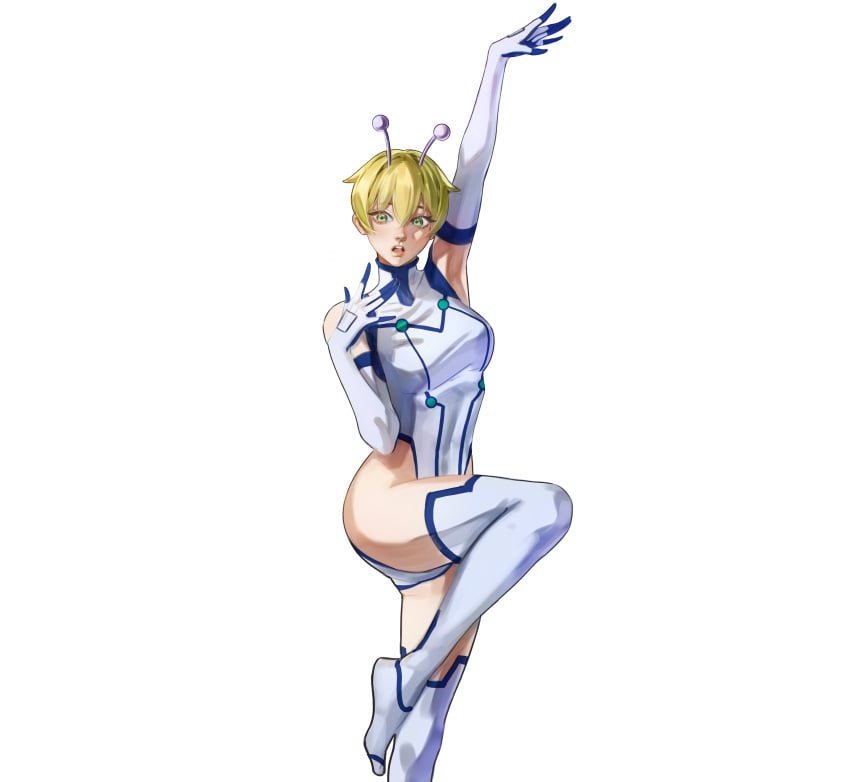 1girls absurdres alien antennae arm_up ava_chi27 blonde_hair boots commentary dandadan elbow_gloves foot_out_of_frame foot_up gloves green_eyes hair_between_eyes heattech_leotard highleg highleg_leotard highres leotard lips looking_at_viewer open_hands open_mouth pink_lips short_hair solo standing standing_on_one_leg thigh_boots turtleneck vamola_(dandadan) white_background white_footwear white_gloves white_leotard