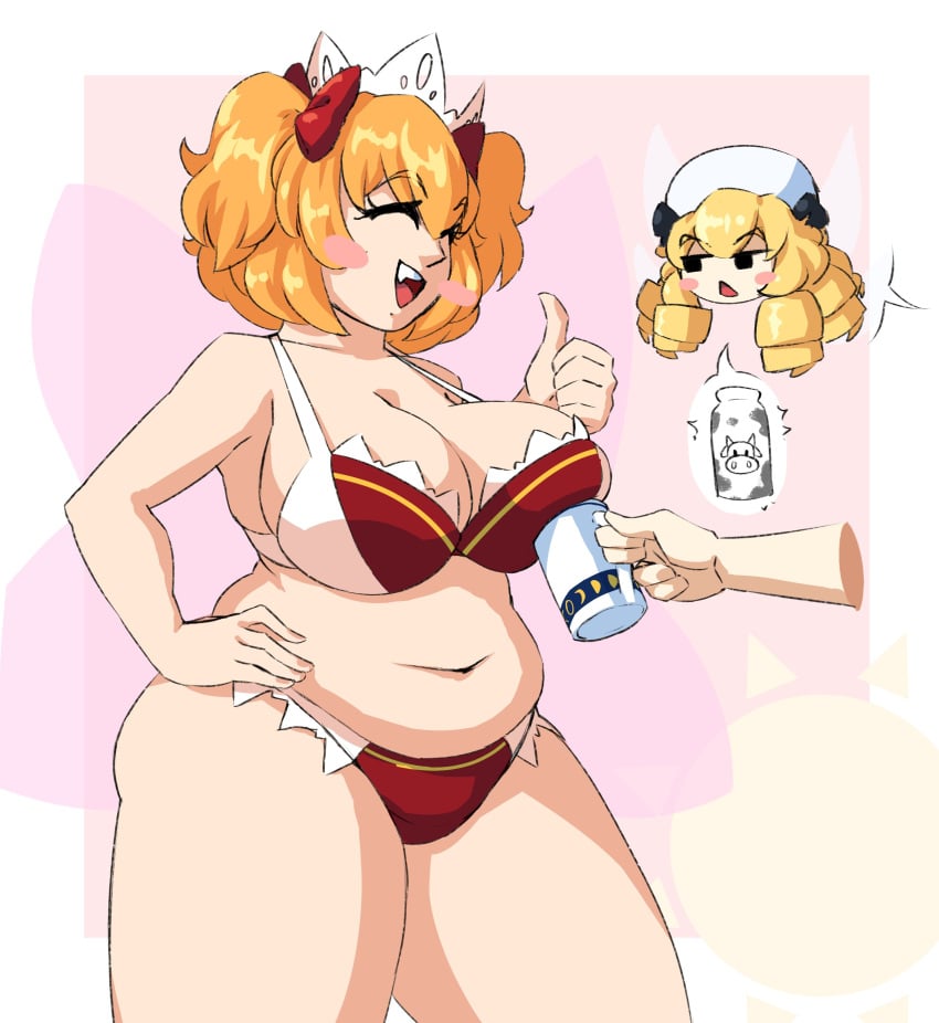 2023 2girls belly big_breasts blonde_hair blush_stickers breasts chubby chubby_female closed_eyes cup disembodied_hand fairy female female_only hair_ornament large_breasts luna_child offscreen_character orange_hair pudgy_belly spookoarts sunny_milk thick thick_thighs thighs touhou underwear yuri