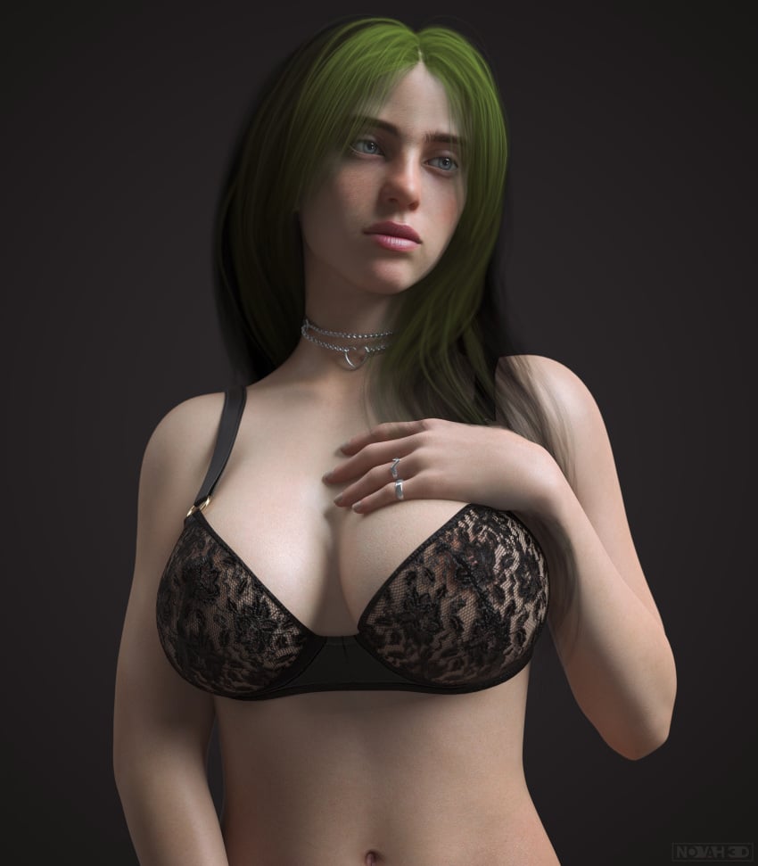 1girls 3d 3d_(artwork) 3d_render billie_eilish blue_eyes bra breasts chains dyed_hair female female_only green_highlights lingerie navel necklace nipples nipples_visible_through_clothing novah3d rings solo solo_female tagme