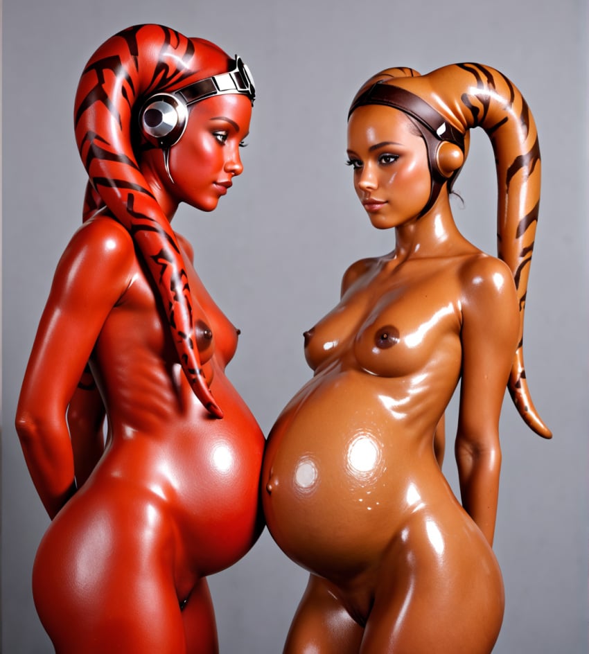 2girls ai_generated breasts female female_only oiled oiled_skin pregnant pussy red_skin shiny_skin standing star_wars thick_thighs thighs twi'lek