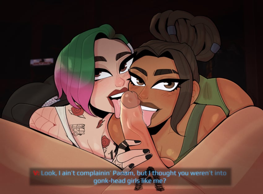 1futa 2girls 2girls1futa artist_name artist_signature big_ass big_breasts big_penis bodysuit_under_clothes brown_eyes brown_hair cd_projekt_red clothed_female cyberpunk cyberpunk_2077 dark-skinned_female dialogue dyed_hair fair-skinned_female fellatio freckles_on_face futa_on_female futa_v_(cyberpunk_2077) futanari green_hair hair_beads implied_futanari judy_alvarez latina licking_penis locs melat0nin native_american_female overalls panam_palmer pink_hair pubic_hair starbryte subtitles tan_skinned_female tattoo tattoos three_tone_hair threesome v_(cyberpunk_2077) valerie_(cyberpunk_2077)