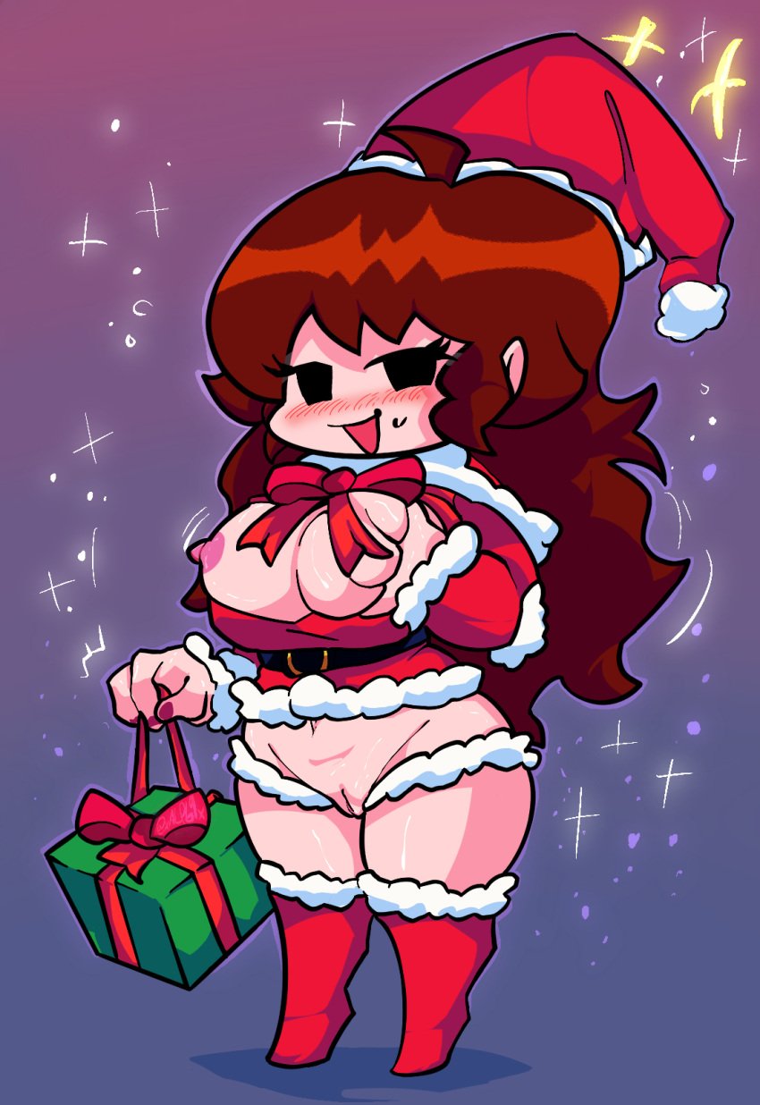 1girls 2d_(artwork) auburn_hair blush christmas christmas_gift christmas_hat christmas_outfit female female_only friday_night_funkin full_body girlfriend_(friday_night_funkin) grabbing_own_breast horny_face horny_female puffy_pussy pussy smiling_at_viewer solo solo_female stars stockings sweating thick thick_ass thick_thighs watermark xalp69x