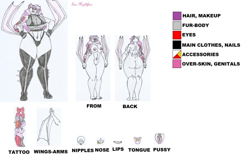 anthro bat_girl bat_humanoid bat_wings big_ass big_breasts big_hips bikini black_nails ear_piercing era_nightfear_(waifuland) fangs furry gloves high_heel_boots lip_ring long_boots looking_at_viewer marlon64 model_sheet naked_female navel_piercing nipple_rings nose_ring original_character punk_girl purple_hair purple_makeup pussy_piercing red_eyes reference_sheet sheer_top solo_female tattooed_arm tongue_piercing traditional_drawing_(artwork) transparent_shirt waifuland winged_arms winged_humanoid