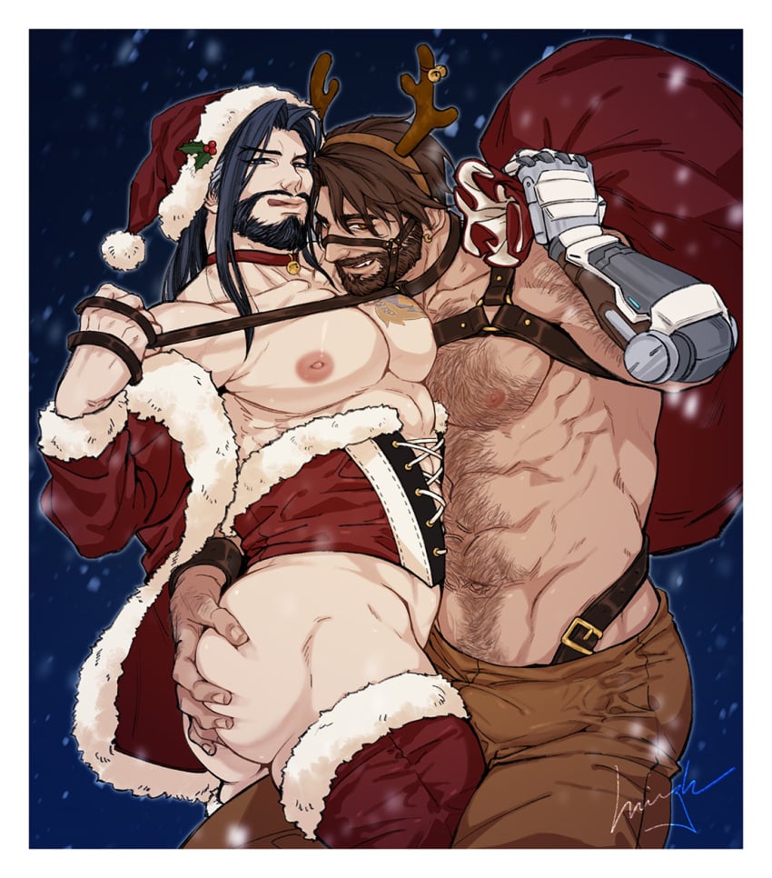 ass_grab christmas christmas_outfit cole_cassidy gay hanzo hanzo_shimada male male/male male_only minghii overwatch overwatch_2