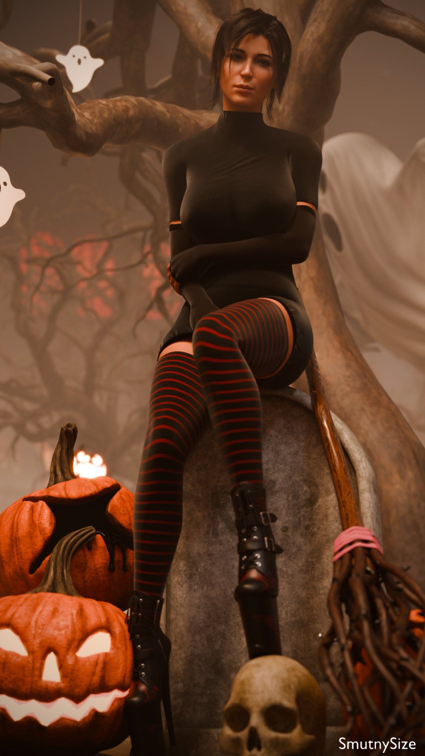 3d brown_eyes brown_hair busty cosplay dress female female_focus female_only going_commando halloween halloween_costume hotel_transylvania hourglass_figure lara_croft lara_croft_(survivor) legwear long_hair mavis_dracula_(cosplay) no_panties ponytail sitting smutnysize thighhighs tomb_raider tomb_raider_(survivor) wide_hips