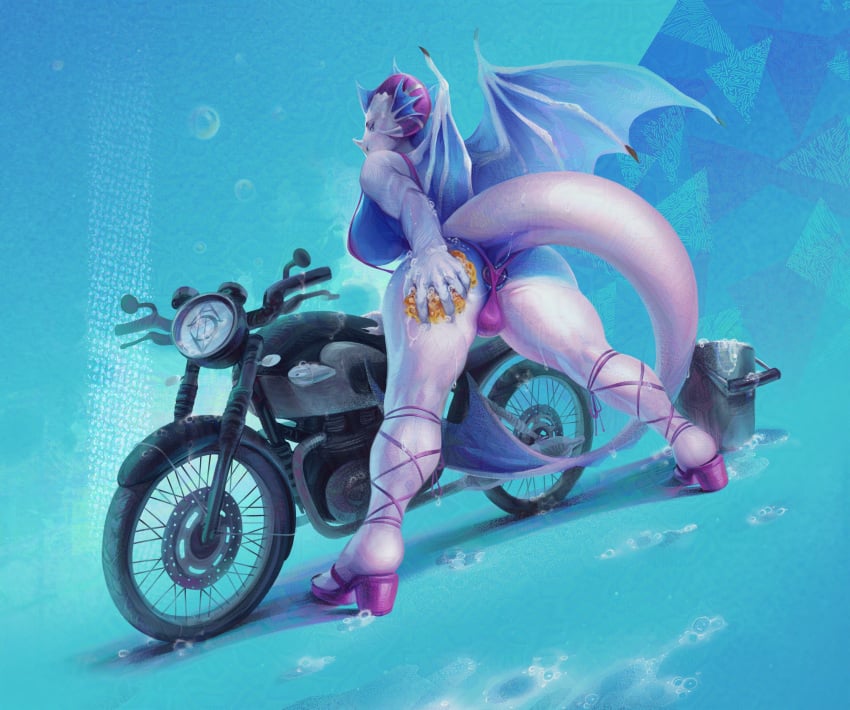 absurd_res anthro aquatic_dragon ass big_breasts bikini bodily_fluids breasts clothing cozydivan detailed digital_media_(artwork) dragon footwear genital_fluids herm hi_res high_heels horn intersex looking_at_viewer looking_back marine melina_(watermelon) motorcycle mythological_creature mythological_scalie mythology pinup pose scalie shaded shoes simple_background solo swimwear tail two-piece_swimsuit vehicle washing_car water