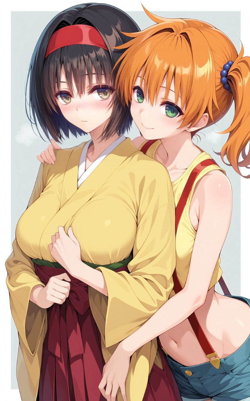 2girls ai_generated asymmetrical_hair bangs bare_shoulders black_hair blush breasts brown_eyes brown_hair clavicle cleavage closed_mouth clothing crop_top denim denim_shorts erika_(pokemon) female gen_1_pokemon green_eyes gym_leader hair_between_eyes hair_bobbles hair_intakes hair_ornament hairband hakama hakama_skirt headwear kasumi_(pokemon) kasumi_(pokemon) kimono large_breasts long_hair long_sleeves looking_at_viewer midriff multiple_girls navel orange_hair pokemon pokemon_character pokemon_species ponytail protagonist_(pokemon) red_hairband red_hakama robe shirt short_hair short_shorts shorts side_ponytail skirt sleeveless sleeveless_shirt smile standing stomach suspender_shorts suspenders tank_top thighs tied_hair traditional_clothes wafuku wide_sleeves yellow_kimono yellow_shirt yellow_tank_top yuri