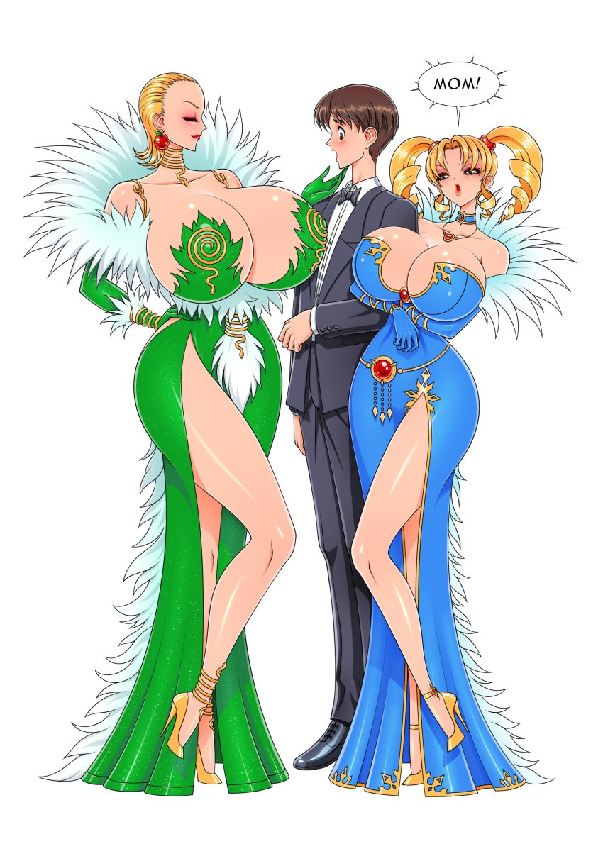 2girls akiranime anna_(akiranime) blonde_hair blue_dress blue_gloves bursting_breasts cleavage curvaceous curvy_figure dress drill_hair drill_locks earrings emphasis_lines erect_nipples erect_nipples_under_clothes green_dress green_gloves high_heels high_resolution highres hourglass_figure huge_areolae huge_breasts jealous jewelry massive_breasts mother_and_daughter nicole_(akiranime) open_mouth original original_characters platform_heels slender_waist twin_drill voluptuous