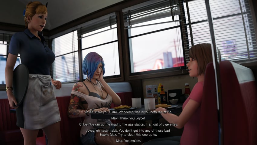 3d 3girls aftermath bisexual blue_hair brown_hair chloe_price clothed dialogue dinoboy555 end_page english_text female life_is_strange male max_caulfield teenager