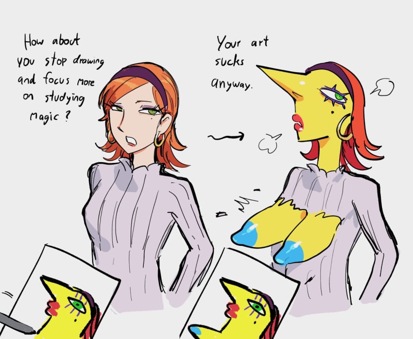 1girls absurd_proportions breast_expansion color earrings english_text green_eyes long_nose nose orange_hair original original_character redmantis sweater text transformation yellow_body yellow_skin