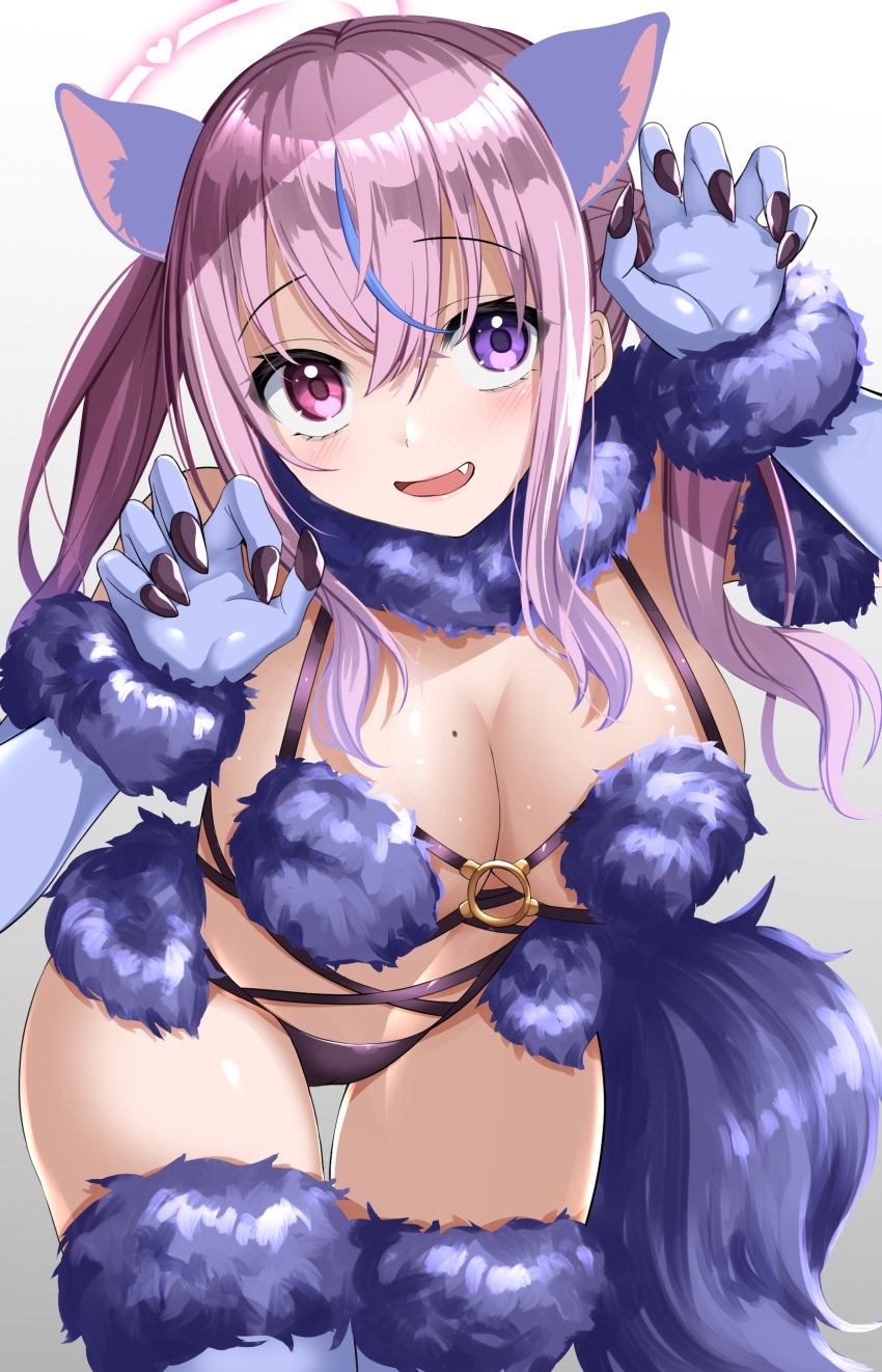 1girls absurdres akihila animal_ears bent_over blush breasts claw_pose cosplay fake_animal_ears fake_claws fate/grand_order fate_(series) fur-trimmed_gloves fur_bikini fur_trim gloves halo heterochromia highres indie_virtual_youtuber kurumizawa_ririka large_breasts long_hair looking_at_viewer mash_kyrielight mash_kyrielight_(dangerous_beast) mash_kyrielight_(dangerous_beast)_(cosplay) mole mole_on_breast oerba_yun_fang open_mouth pink_hair purple_eyes red_eyes smile solo thigh_gap virtual_youtuber