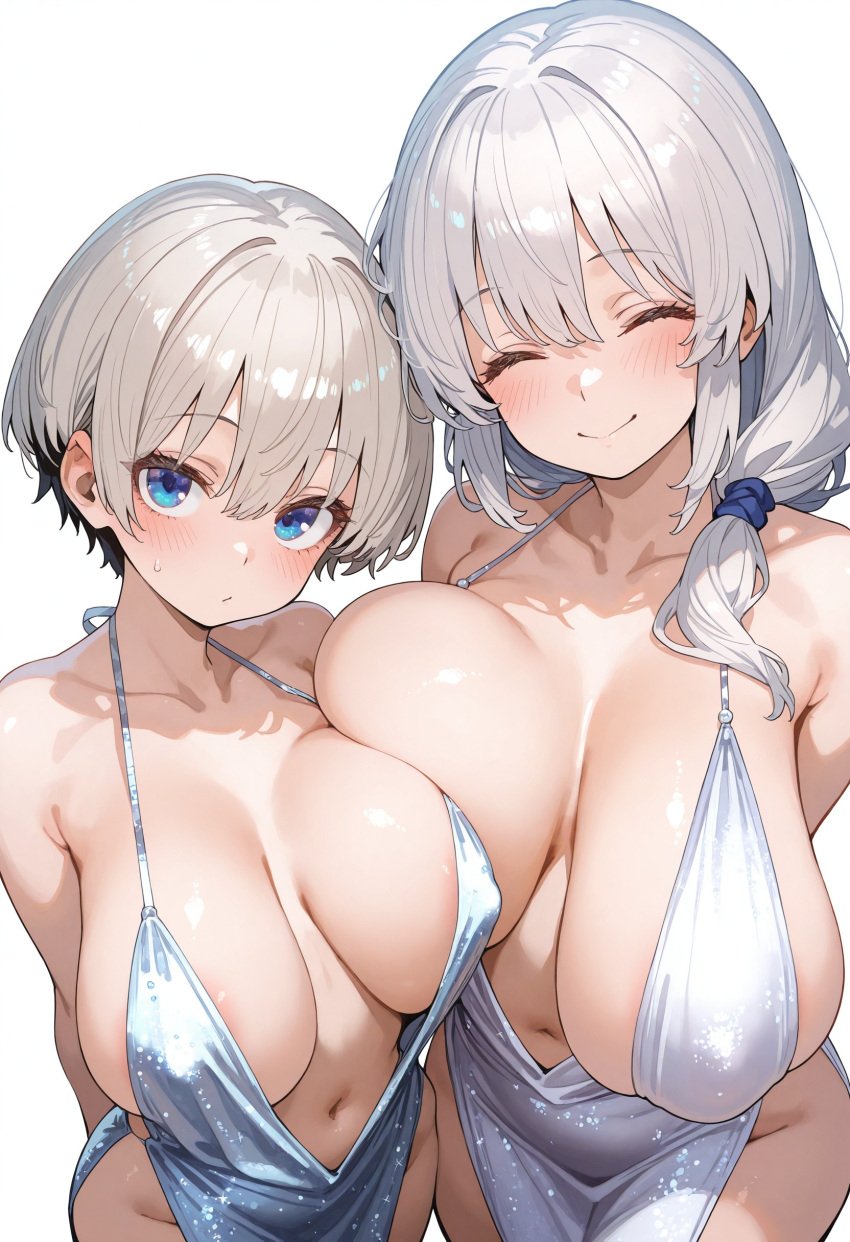 2girls ai_generated blue_eyes breasts female flyingpancake hips huge_breasts light-skinned_female light_skin long_hair mature_female milf mother mother_and_daughter short_hair thick_thighs thighs uzaki-chan_wa_asobitai! uzaki_hana uzaki_tsuki white_hair wide_hips