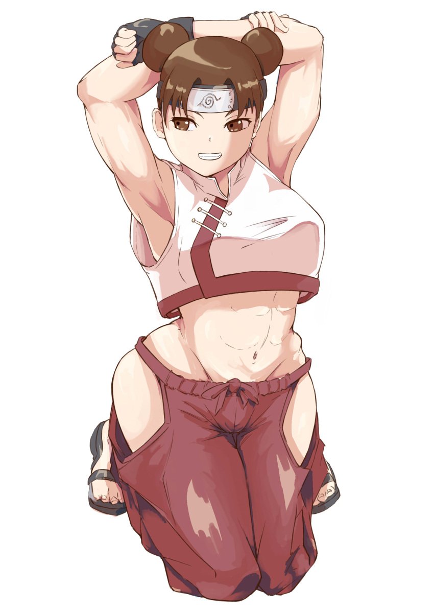 1girls armpits arms_behind_head arms_up bare_midriff bare_shoulders breasts brown_eyes brown_hair crop_top curvaceous double_bun feet female_only full_body goen_dama grin hakama_pants headband kneeling midriff muscular muscular_female naruto naruto_(series) naruto_shippuden navel no_panties pants pelvic_curtain pelvic_line plain_background revealing_clothes sandals shirt simple_background skimpy_clothes sleeveless smile solo solo_focus tenten toned toned_female upper_body white_background wide_hips